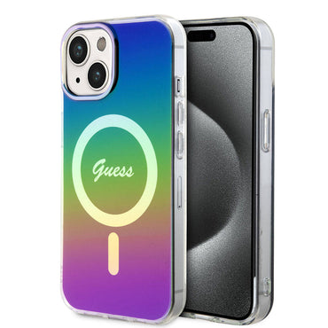 Apple iPhone 15 Case Guess Original Licensed M-safe Charging Feature Iridescent Cover Pink with Text Logo