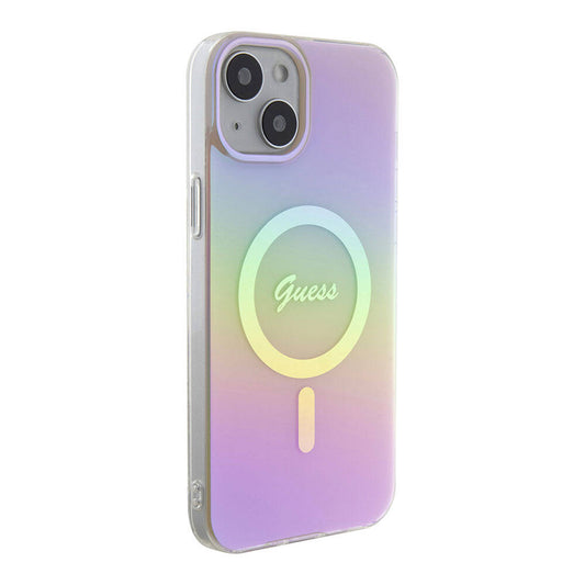 Apple iPhone 15 Case Guess Original Licensed M-safe Charging Feature Iridescent Cover Pink with Text Logo