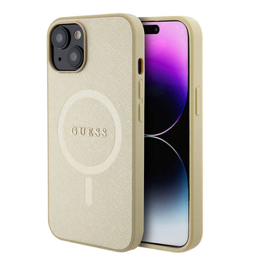 Apple iPhone 15 Case Guess Original Licensed M-safe Charging Feature Saffiano Cover Cream with Text Logo 
