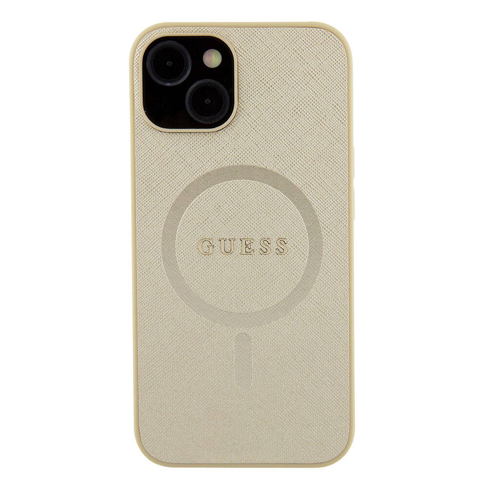 Apple iPhone 15 Case Guess Original Licensed M-safe Charging Feature Saffiano Cover Cream with Text Logo 