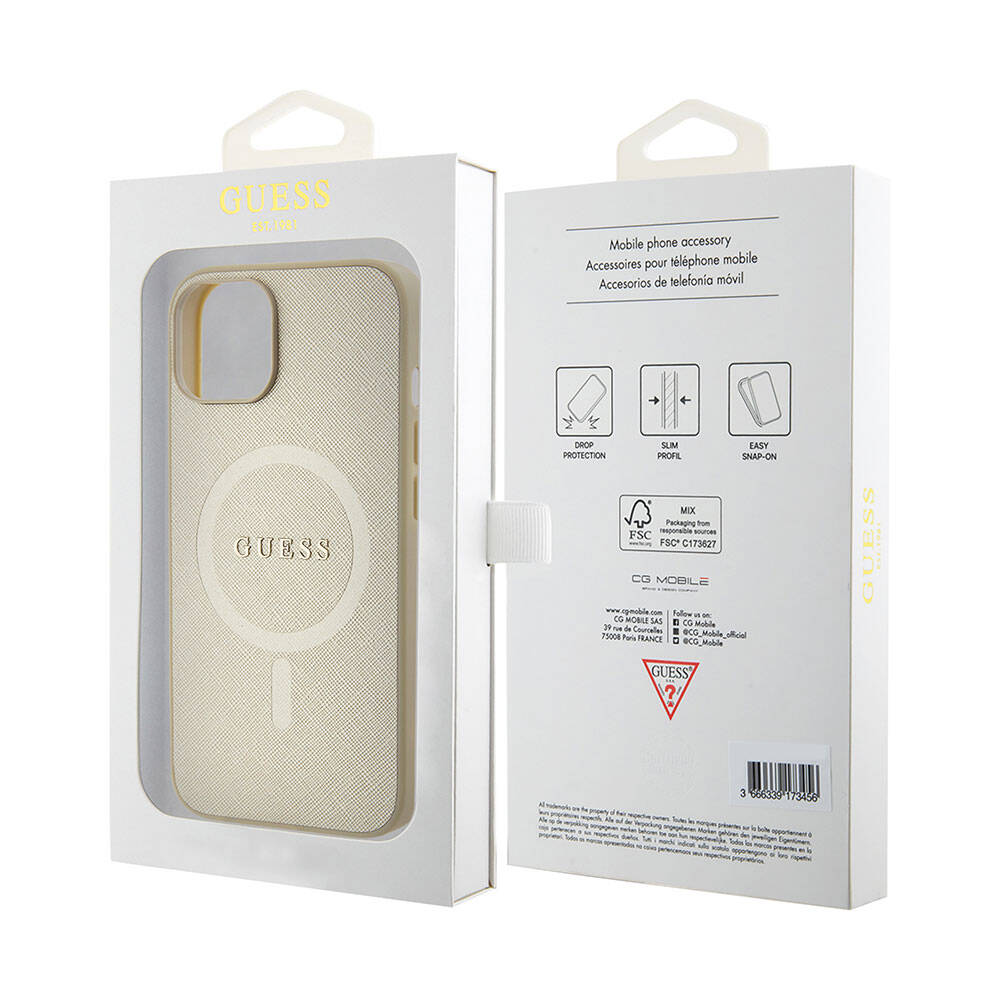 Apple iPhone 15 Case Guess Original Licensed M-safe Charging Feature Saffiano Cover Cream with Text Logo 