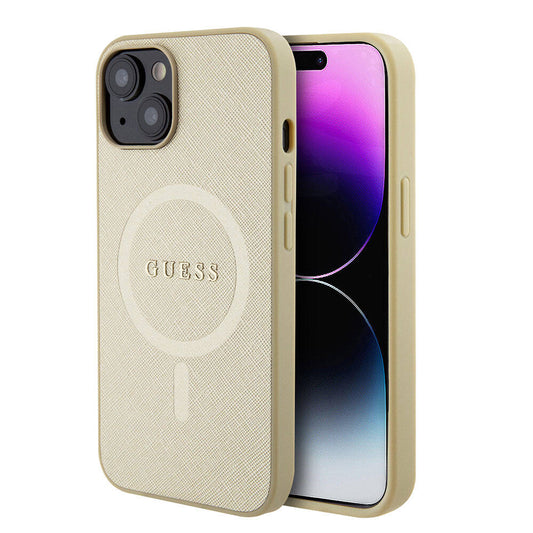 Apple iPhone 15 Case Guess Original Licensed M-safe Charging Feature Saffiano Cover Cream with Text Logo 
