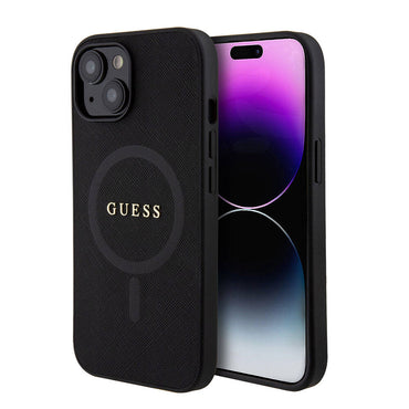 Apple iPhone 15 Case Guess Original Licensed M-safe Charging Feature Saffiano Cover Pink with Text Logo
