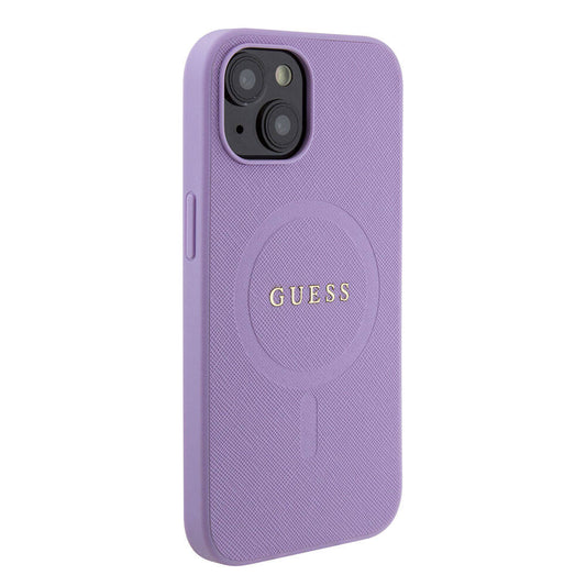 Apple iPhone 15 Case Guess Original Licensed M-safe Charging Feature Text Logo Saffiano Cover Purple