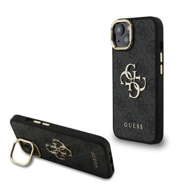 Apple iPhone 15 Kılıf Guess Orjinal Lisanslı PU Deri 4G Desenli Metal Büyük 4G ve Yazı Logolu Kamera Standlı Kapak Pembe
