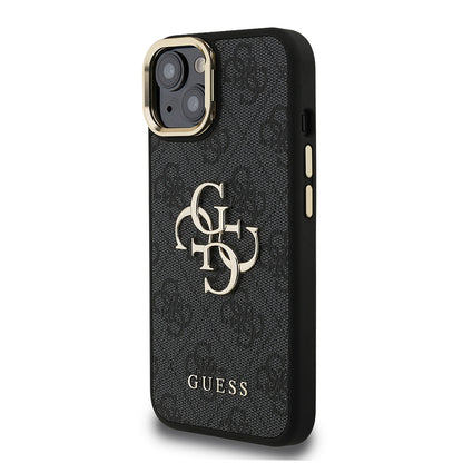 Apple iPhone 15 Kılıf Guess Orjinal Lisanslı PU Deri 4G Desenli Metal Büyük 4G ve Yazı Logolu Kamera Standlı Kapak Pembe