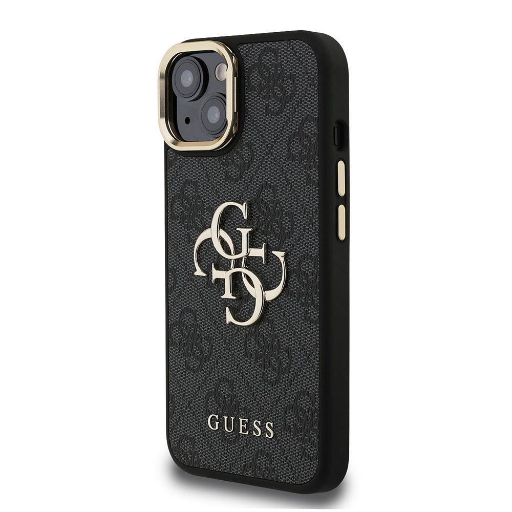 Apple iPhone 15 Kılıf Guess Orjinal Lisanslı PU Deri 4G Desenli Metal Büyük 4G ve Yazı Logolu Kamera Standlı Kapak Kahverengi