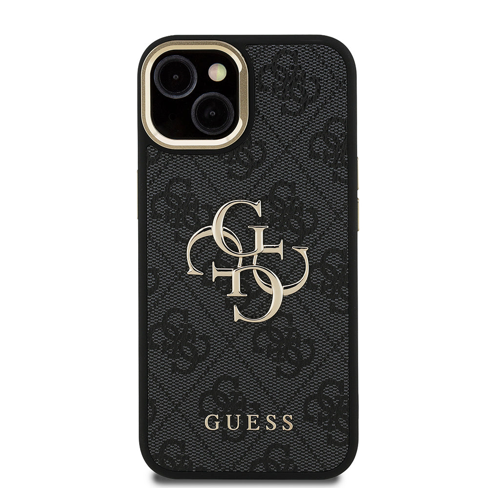 Apple iPhone 15 Kılıf Guess Orjinal Lisanslı PU Deri 4G Desenli Metal Büyük 4G ve Yazı Logolu Kamera Standlı Kapak Kahverengi