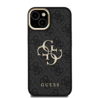Apple iPhone 15 Kılıf Guess Orjinal Lisanslı PU Deri 4G Desenli Metal Büyük 4G ve Yazı Logolu Kamera Standlı Kapak Kahverengi
