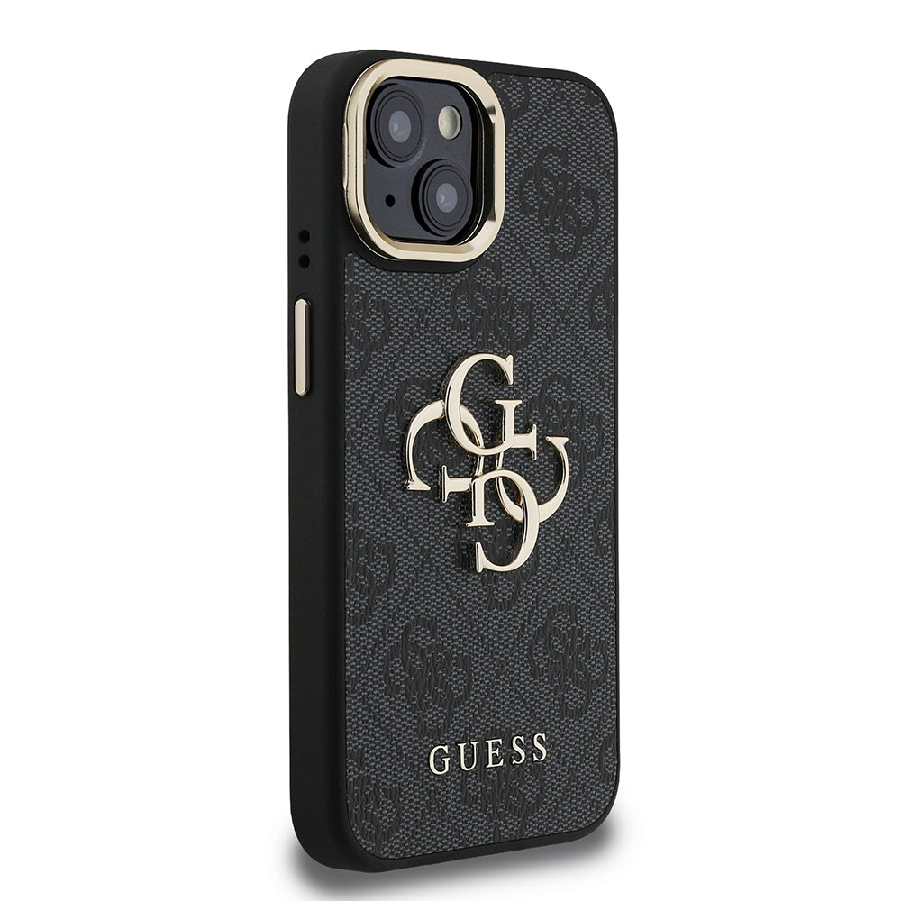Apple iPhone 15 Kılıf Guess Orjinal Lisanslı PU Deri 4G Desenli Metal Büyük 4G ve Yazı Logolu Kamera Standlı Kapak Kahverengi