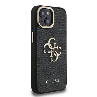 Apple iPhone 15 Kılıf Guess Orjinal Lisanslı PU Deri 4G Desenli Metal Büyük 4G ve Yazı Logolu Kamera Standlı Kapak Kahverengi