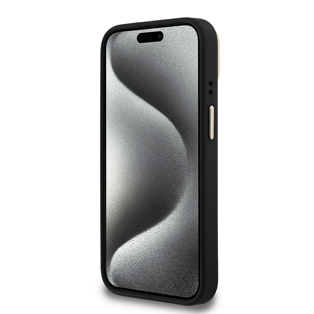 Apple iPhone 15 Kılıf Guess Orjinal Lisanslı PU Deri 4G Desenli Metal Büyük 4G ve Yazı Logolu Kamera Standlı Kapak Kahverengi