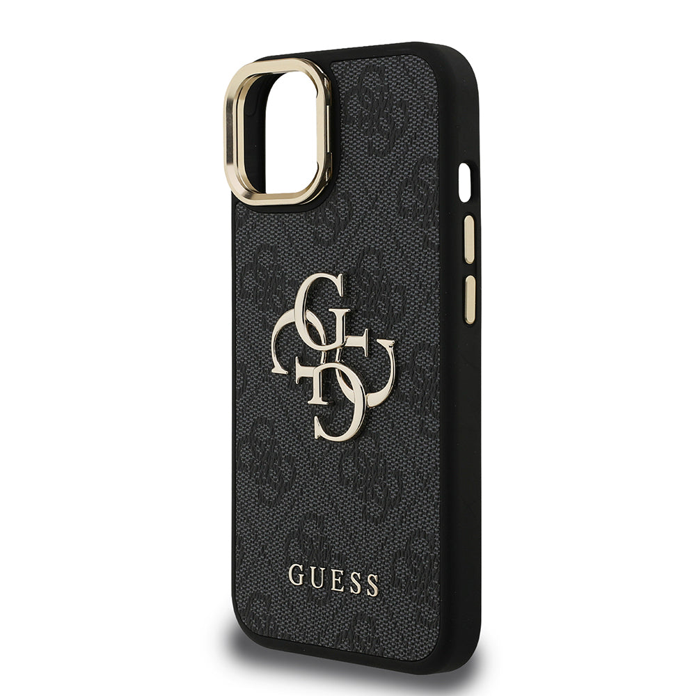 Apple iPhone 15 Kılıf Guess Orjinal Lisanslı PU Deri 4G Desenli Metal Büyük 4G ve Yazı Logolu Kamera Standlı Kapak Pembe