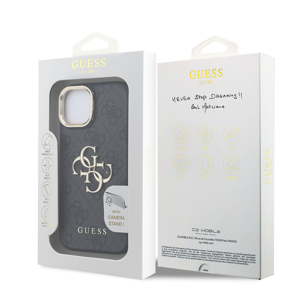 Apple iPhone 15 Kılıf Guess Orjinal Lisanslı PU Deri 4G Desenli Metal Büyük 4G ve Yazı Logolu Kamera Standlı Kapak Kahverengi