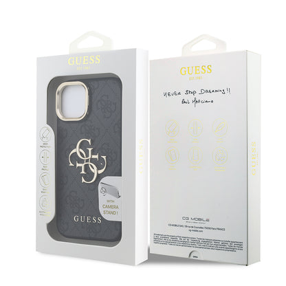 Apple iPhone 15 Kılıf Guess Orjinal Lisanslı PU Deri 4G Desenli Metal Büyük 4G ve Yazı Logolu Kamera Standlı Kapak Kahverengi