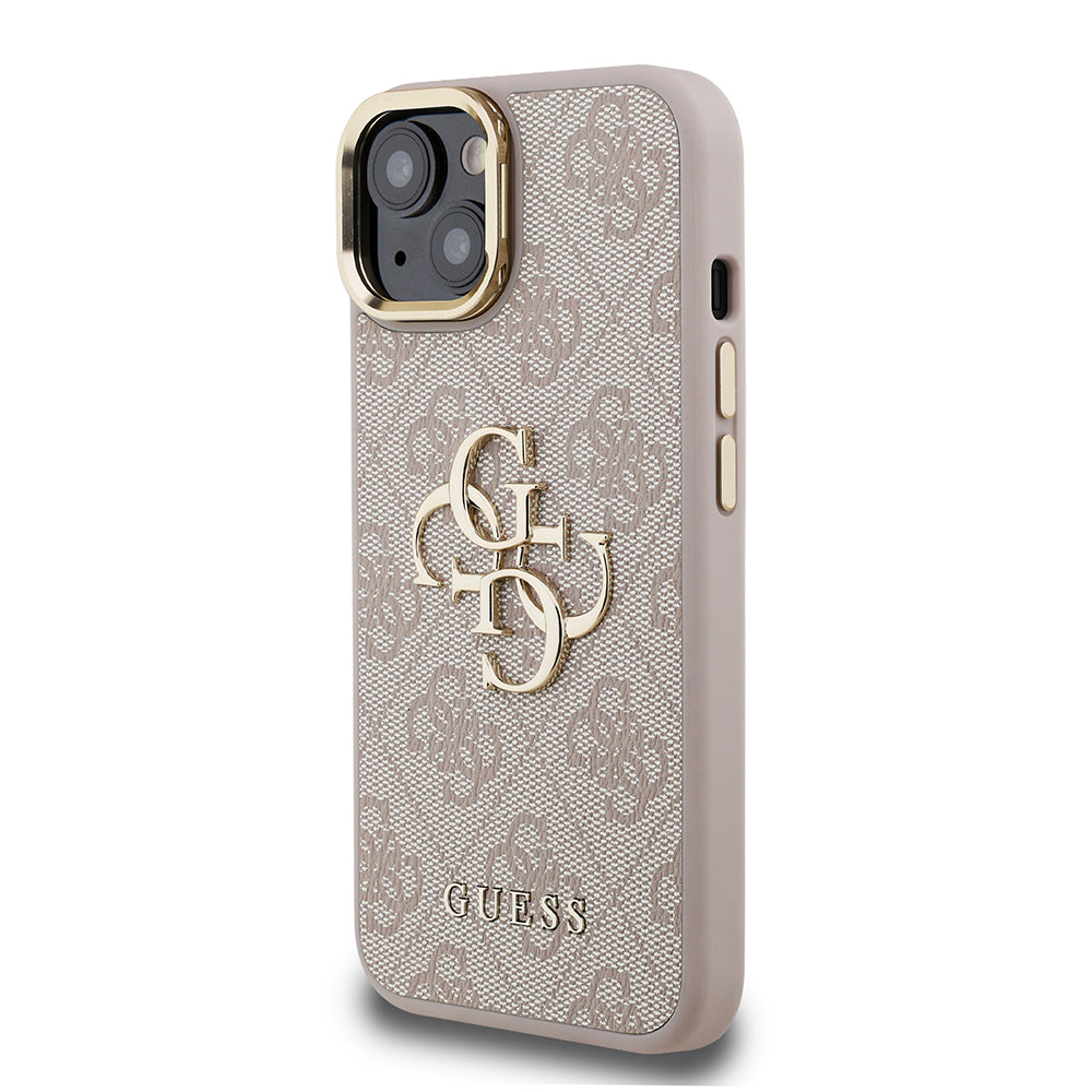 Apple iPhone 15 Kılıf Guess Orjinal Lisanslı PU Deri 4G Desenli Metal Büyük 4G ve Yazı Logolu Kamera Standlı Kapak Pembe