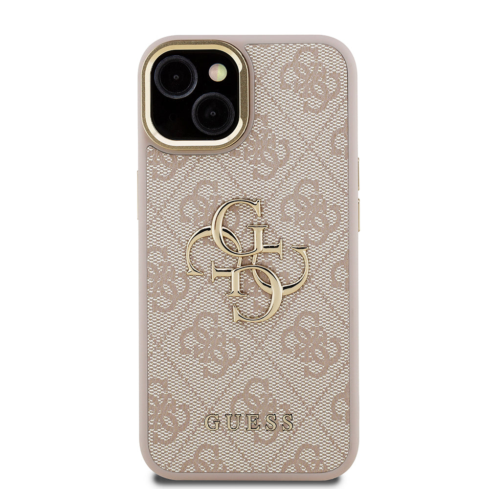 Apple iPhone 15 Kılıf Guess Orjinal Lisanslı PU Deri 4G Desenli Metal Büyük 4G ve Yazı Logolu Kamera Standlı Kapak Pembe