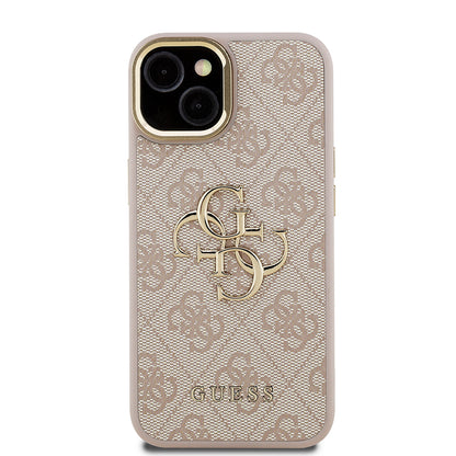 Apple iPhone 15 Kılıf Guess Orjinal Lisanslı PU Deri 4G Desenli Metal Büyük 4G ve Yazı Logolu Kamera Standlı Kapak Kahverengi