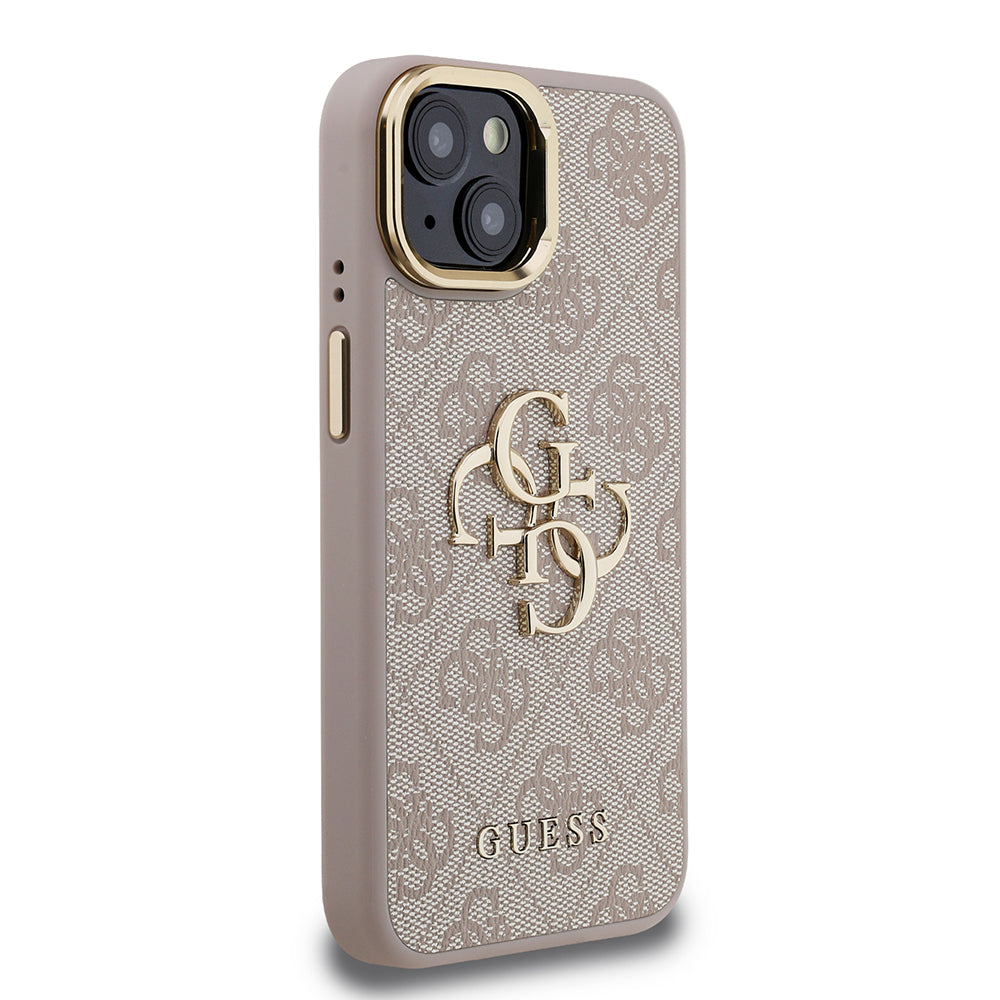 Apple iPhone 15 Kılıf Guess Orjinal Lisanslı PU Deri 4G Desenli Metal Büyük 4G ve Yazı Logolu Kamera Standlı Kapak Kahverengi
