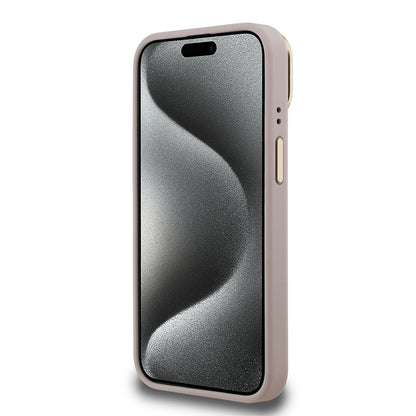 Apple iPhone 15 Kılıf Guess Orjinal Lisanslı PU Deri 4G Desenli Metal Büyük 4G ve Yazı Logolu Kamera Standlı Kapak Kahverengi