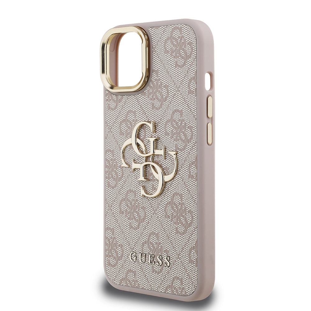Apple iPhone 15 Kılıf Guess Orjinal Lisanslı PU Deri 4G Desenli Metal Büyük 4G ve Yazı Logolu Kamera Standlı Kapak Kahverengi