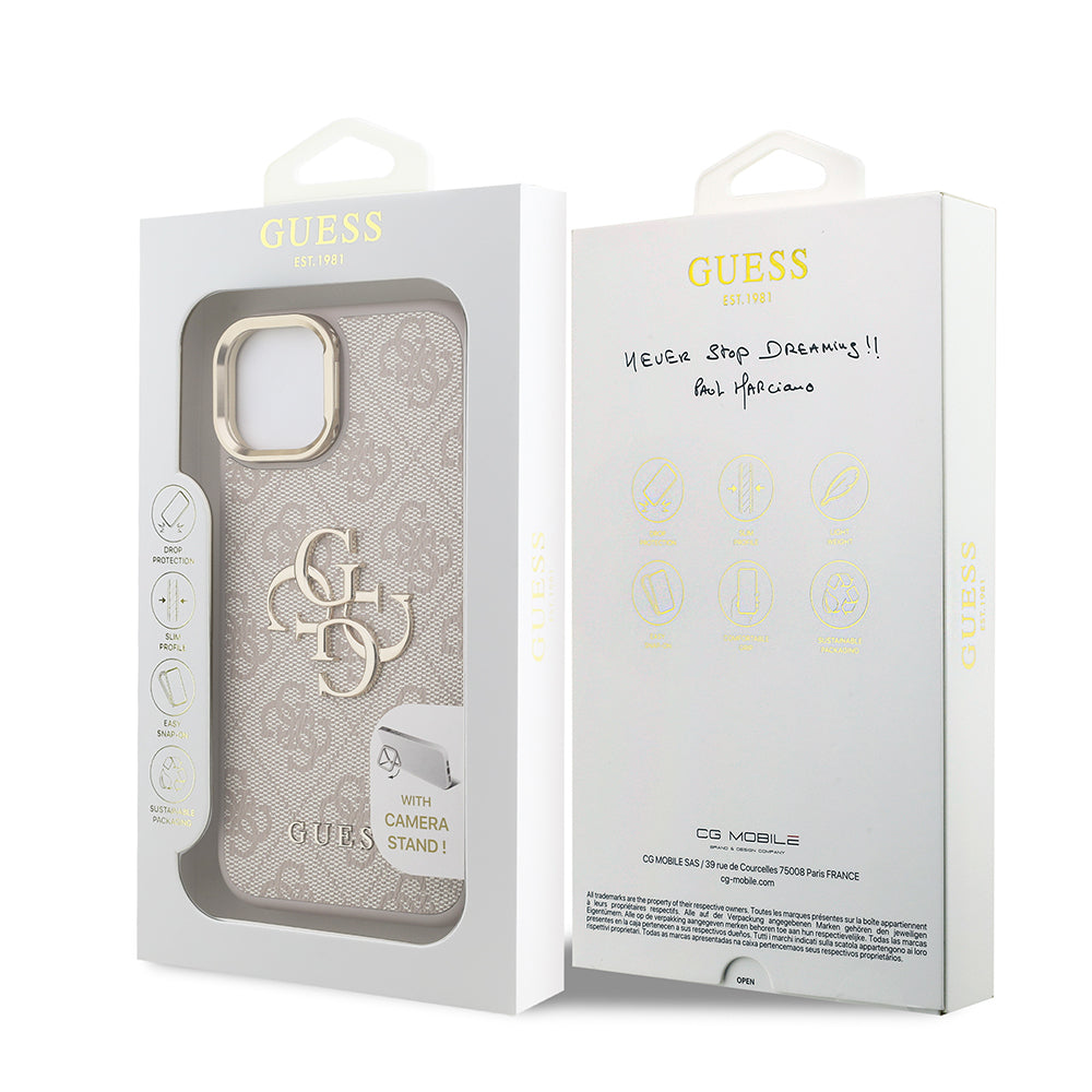 Apple iPhone 15 Kılıf Guess Orjinal Lisanslı PU Deri 4G Desenli Metal Büyük 4G ve Yazı Logolu Kamera Standlı Kapak Pembe