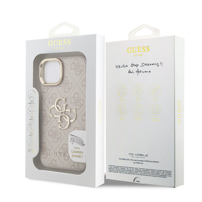 Apple iPhone 15 Kılıf Guess Orjinal Lisanslı PU Deri 4G Desenli Metal Büyük 4G ve Yazı Logolu Kamera Standlı Kapak Kahverengi