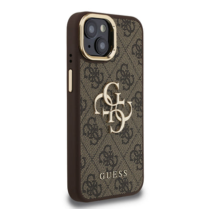 Apple iPhone 15 Kılıf Guess Orjinal Lisanslı PU Deri 4G Desenli Metal Büyük 4G ve Yazı Logolu Kamera Standlı Kapak Mavi