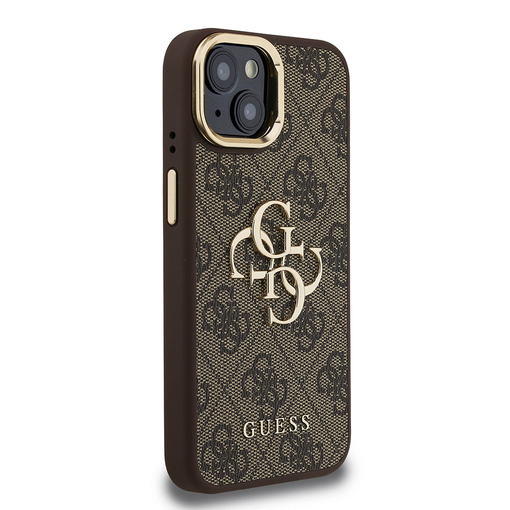 Apple iPhone 15 Kılıf Guess Orjinal Lisanslı PU Deri 4G Desenli Metal Büyük 4G ve Yazı Logolu Kamera Standlı Kapak Kahverengi