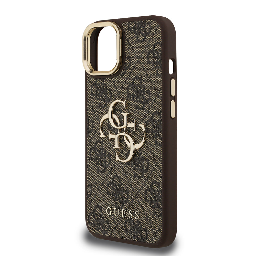 Apple iPhone 15 Kılıf Guess Orjinal Lisanslı PU Deri 4G Desenli Metal Büyük 4G ve Yazı Logolu Kamera Standlı Kapak Pembe