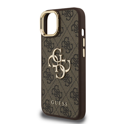Apple iPhone 15 Kılıf Guess Orjinal Lisanslı PU Deri 4G Desenli Metal Büyük 4G ve Yazı Logolu Kamera Standlı Kapak Pembe