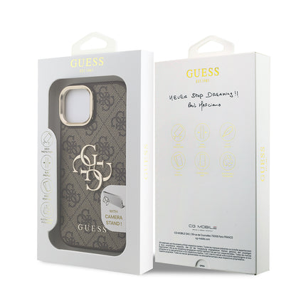 Apple iPhone 15 Kılıf Guess Orjinal Lisanslı PU Deri 4G Desenli Metal Büyük 4G ve Yazı Logolu Kamera Standlı Kapak Pembe