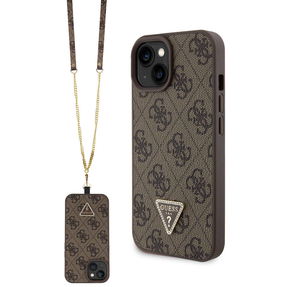 Apple iPhone 15 Case Guess Original Licensed PU Leather Strap Stone Triangle Logo 4G Patterned Strass Crossbody Cover Brown
