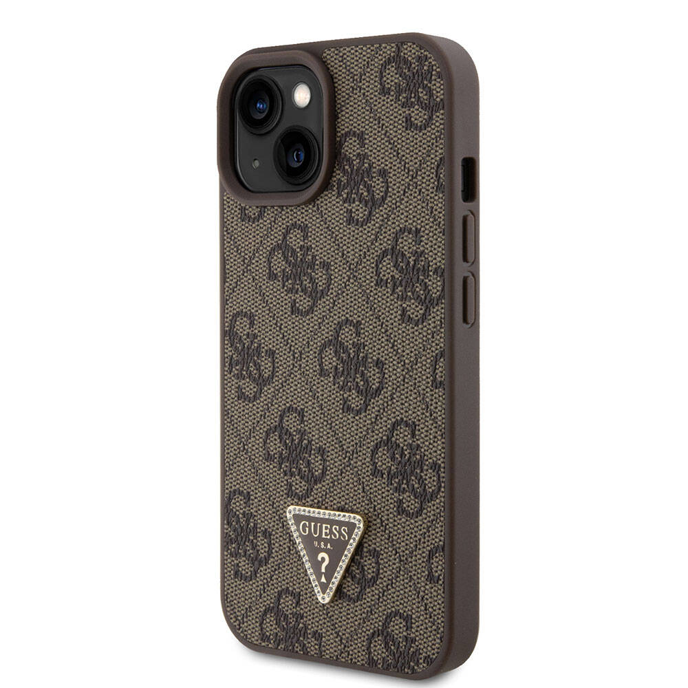 Apple iPhone 15 Case Guess Original Licensed PU Leather Strap Stone Triangle Logo 4G Patterned Strass Crossbody Cover Brown