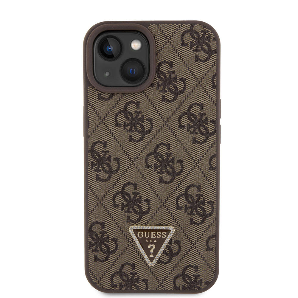 Apple iPhone 15 Case Guess Original Licensed PU Leather Strap Stone Triangle Logo 4G Patterned Strass Crossbody Cover Brown