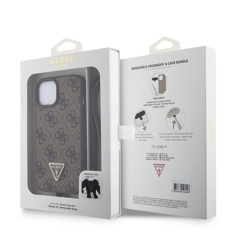 Apple iPhone 15 Case Guess Original Licensed PU Leather Strap Stone Triangle Logo 4G Patterned Strass Crossbody Cover Brown