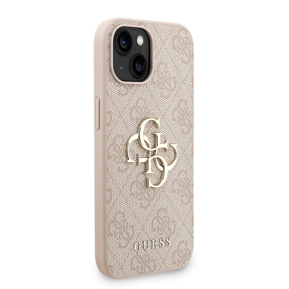 Apple iPhone 15 Kılıf Guess Orjinal Lisanslı PU Deri Bilek Askı İpli Metal Büyük 4G ve Yazı Logolu Kapak Pembe