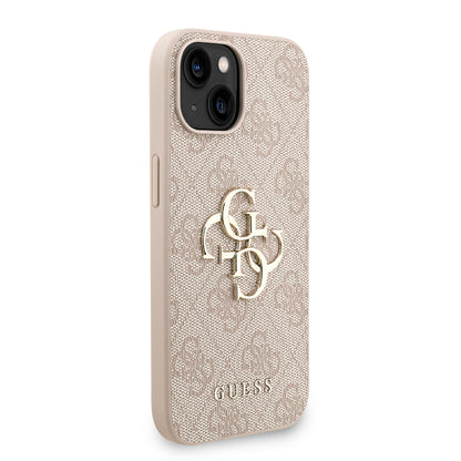 Apple iPhone 15 Kılıf Guess Orjinal Lisanslı PU Deri Bilek Askı İpli Metal Büyük 4G ve Yazı Logolu Kapak Pembe