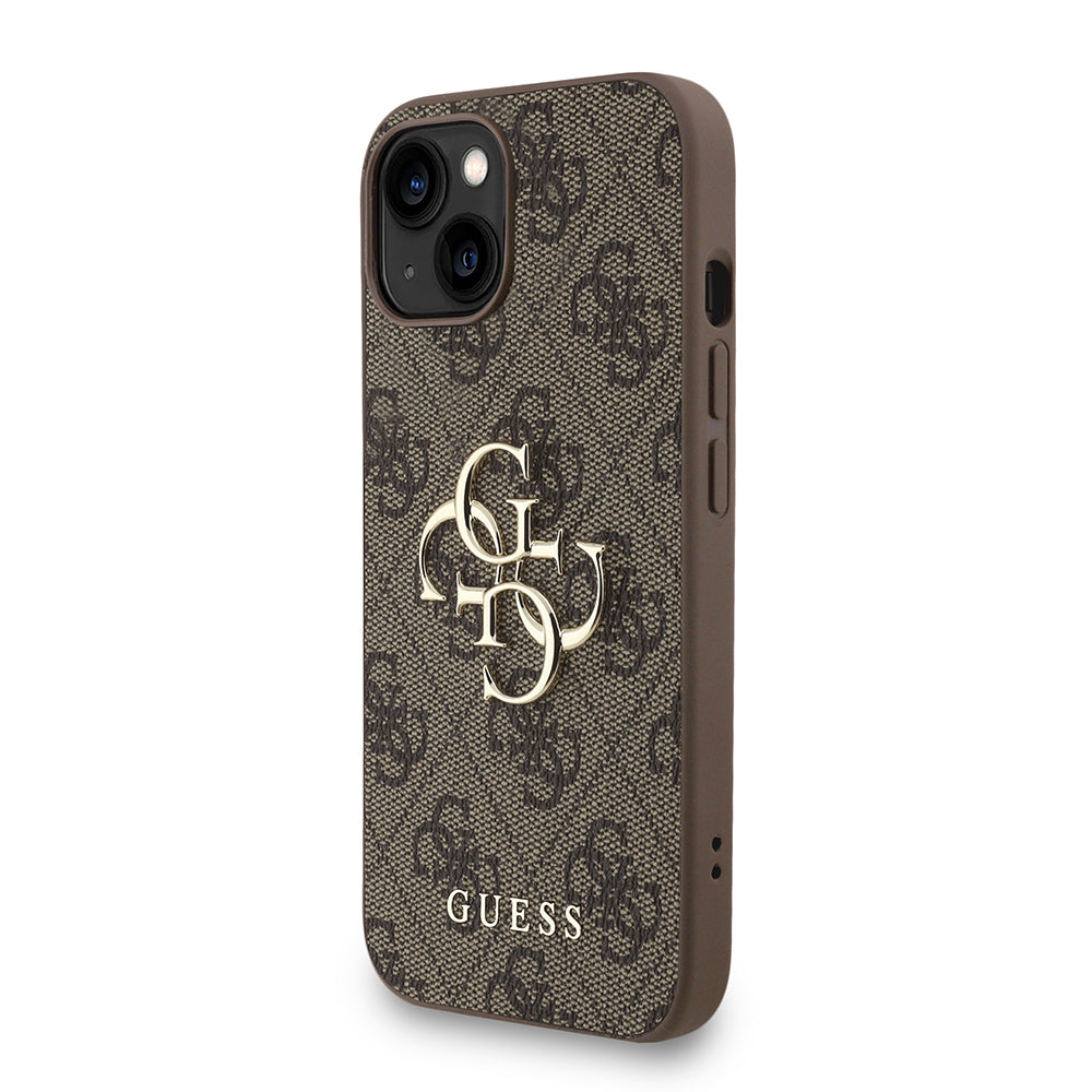 Apple iPhone 15 Kılıf Guess Orjinal Lisanslı PU Deri Bilek Askı İpli Metal Büyük 4G ve Yazı Logolu Kapak Kahverengi
