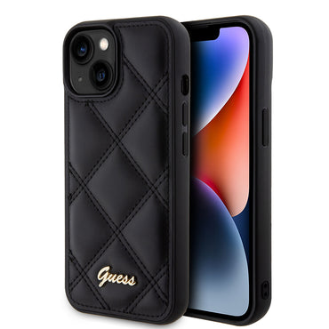 Apple iPhone 15 Kılıf Guess Orjinal Lisanslı PU Deri Metal Yazı Logolu Kapitone Kapak Siyah