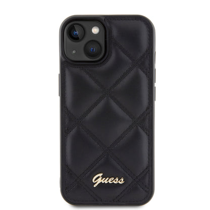Apple iPhone 15 Kılıf Guess Orjinal Lisanslı PU Deri Metal Yazı Logolu Kapitone Kapak Siyah