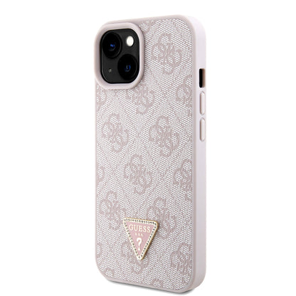 Apple iPhone 15 Kılıf Guess Orjinal Lisanslı PU Deri Taşlı Metal Üçgen Logolu Çapraz Vücut Askılı 4G Desenli Kapak Pembe