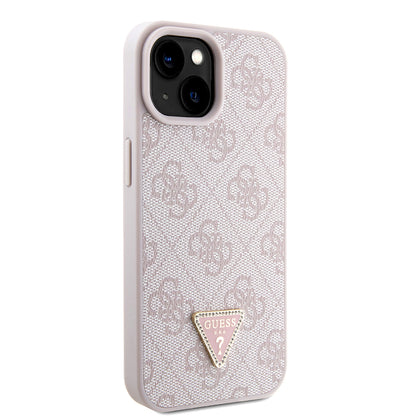 Apple iPhone 15 Kılıf Guess Orjinal Lisanslı PU Deri Taşlı Metal Üçgen Logolu Çapraz Vücut Askılı 4G Desenli Kapak Pembe