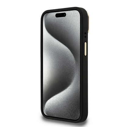 Apple iPhone 15 Kılıf Guess Orjinal Lisanslı PU Deri Taşlı Üçgen Logo 4G Desenli Kamera Standlı Kapak Kahverengi