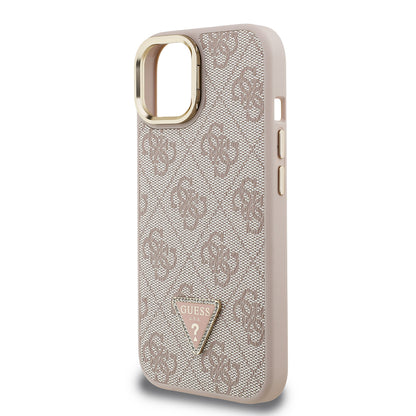 Apple iPhone 15 Kılıf Guess Orjinal Lisanslı PU Deri Taşlı Üçgen Logo 4G Desenli Kamera Standlı Kapak Pembe