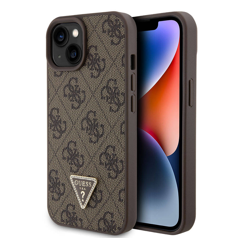 Apple iPhone 15 Kılıf Guess Orjinal Lisanslı PU Deri Taşlı Üçgen Logo 4G Desenli Strass Kapak Kahverengi
