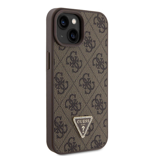 Apple iPhone 15 Case Guess Original Licensed PU Leather Stone Triangle Logo 4G Patterned Strass Cover Brown