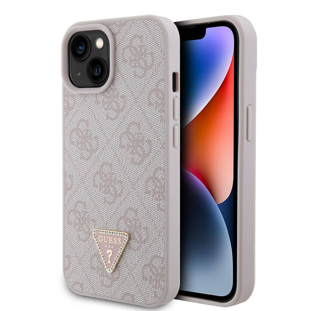 Apple iPhone 15 Kılıf Guess Orjinal Lisanslı PU Deri Taşlı Üçgen Logo 4G Desenli Strass Kapak Kahverengi