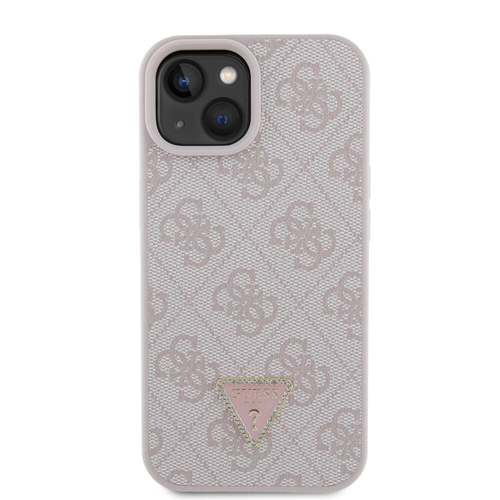 Apple iPhone 15 Kılıf Guess Orjinal Lisanslı PU Deri Taşlı Üçgen Logo 4G Desenli Strass Kapak Pembe