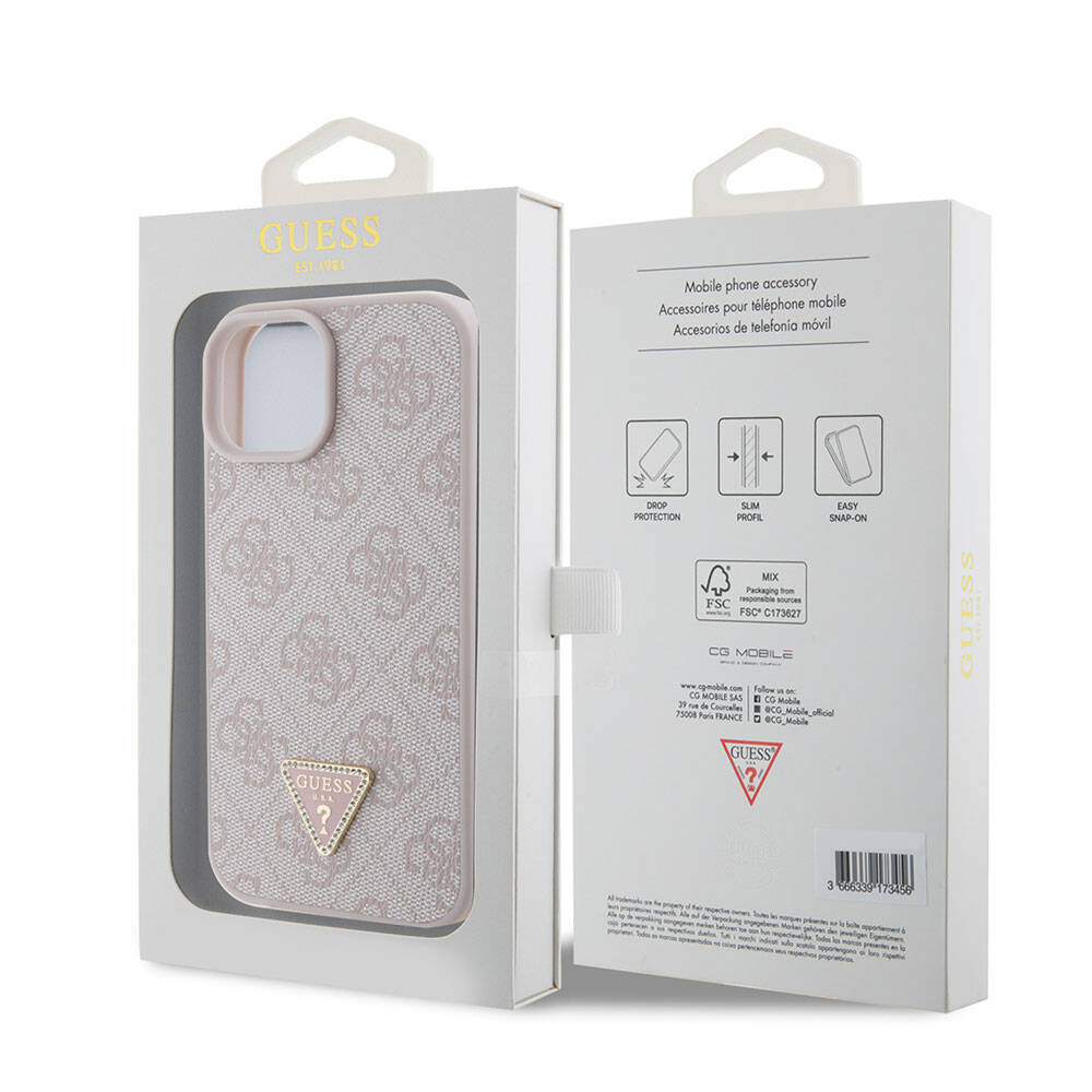 Apple iPhone 15 Kılıf Guess Orjinal Lisanslı PU Deri Taşlı Üçgen Logo 4G Desenli Strass Kapak Pembe